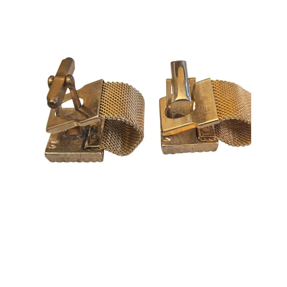 Vintage Gold Mesh Wrap Cufflinks Black Lucite Enamel Mid Century  1950s to 1970s